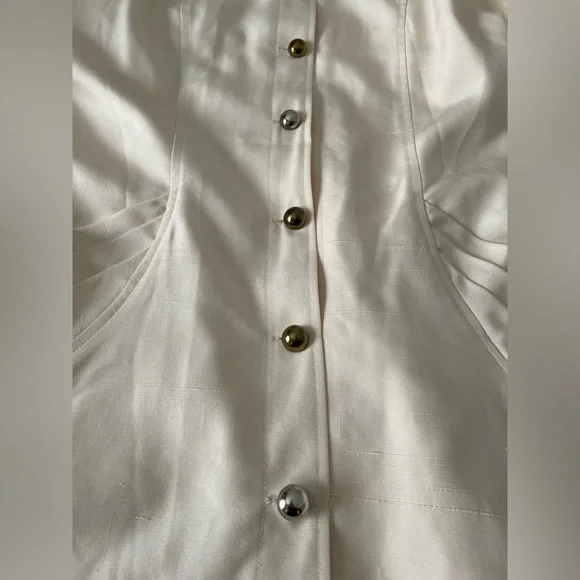 Vintage Silk Cream Button Midi Dress with Shoulder Pads Medium M - Picture 8 of 15